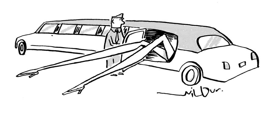 Extremely leggy woman emerges from stretch limo.
