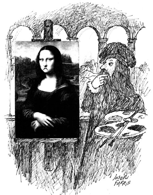 Da Vinci painting a grumpy version of Mona Lisa.