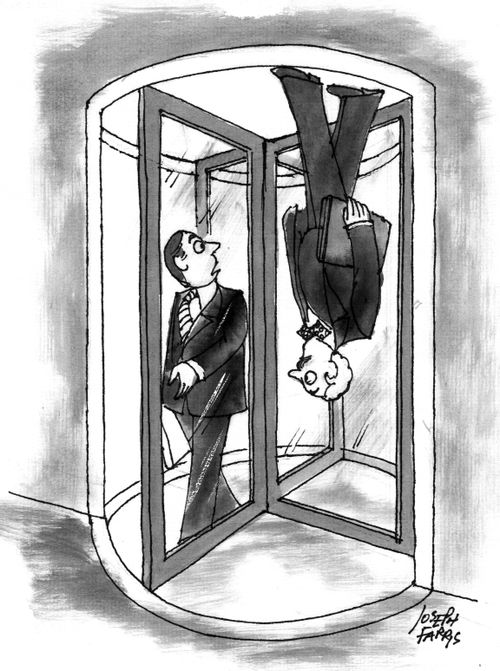 Two men in revolving door, one upside down.
