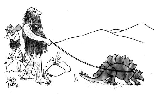 Caveman walking a dinosaur.