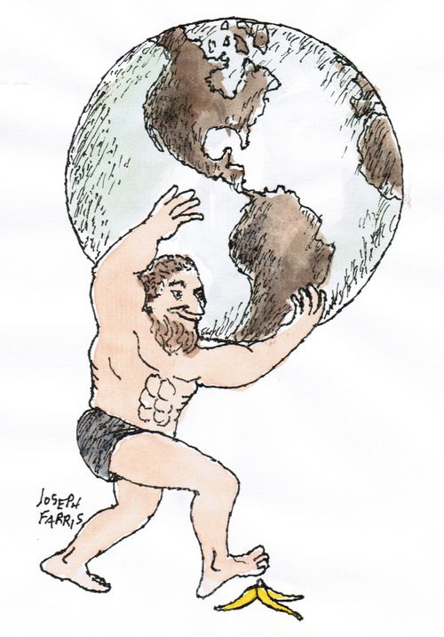Atlas carrying Earth about to slip on banana peel.