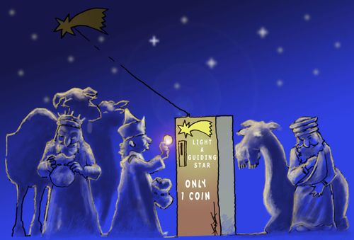 Three wise men of the east following the guiding star.
