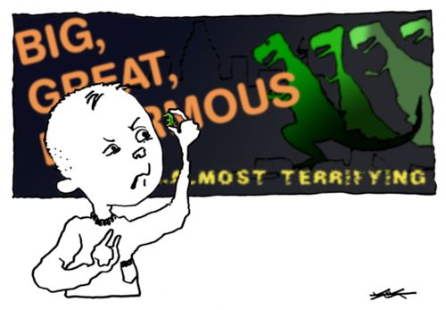 Kid disappointed with tiny dinosaur toy.