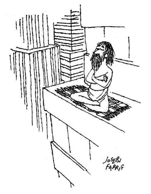 Ascetic sitting on edge of tall building