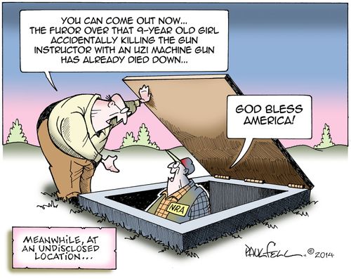 'You can come out now...the furor over that 9-year old girl accidentally killing the gun instruction with an uzi machine gun has already died down...'