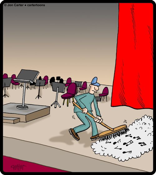 Janitor sweeping music notes off of concert stage.