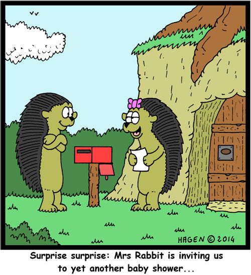 'Surprise surprise: Mrs Rabbit is inviting us to yet another baby shower...'