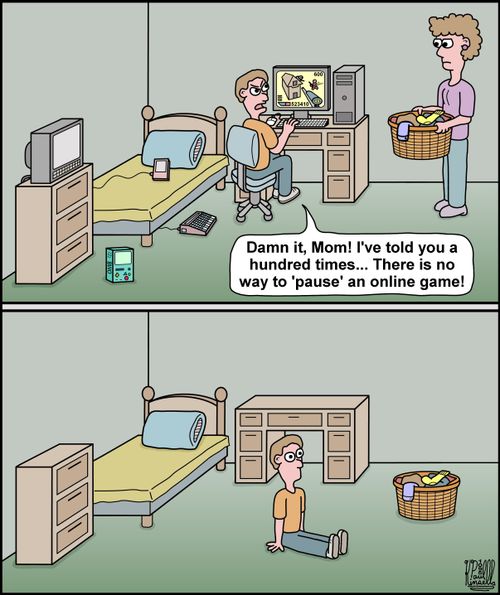 'Damn it, Mom! I've told you a hundred times...There is no way to 'pause' an online game!'