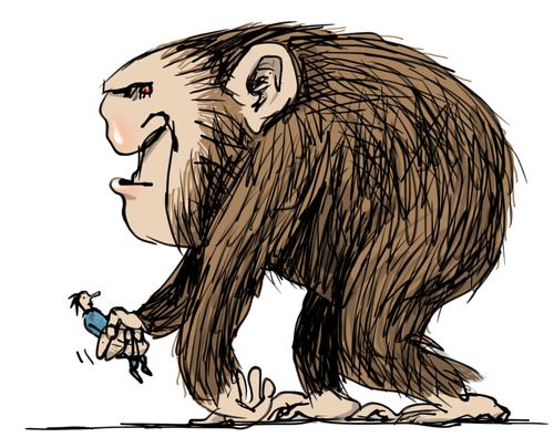 A large ape clutching a tiny man.