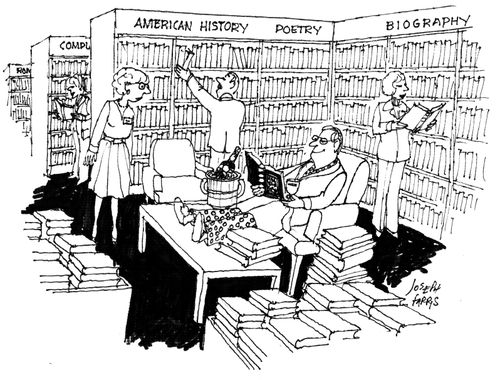 Man in bedclothes reading in a bookshop.