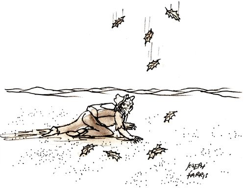 Leaves falling on a desert crawling man.