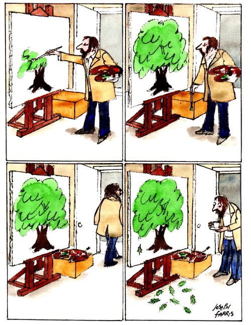 Artist paints tree which drops leaves.