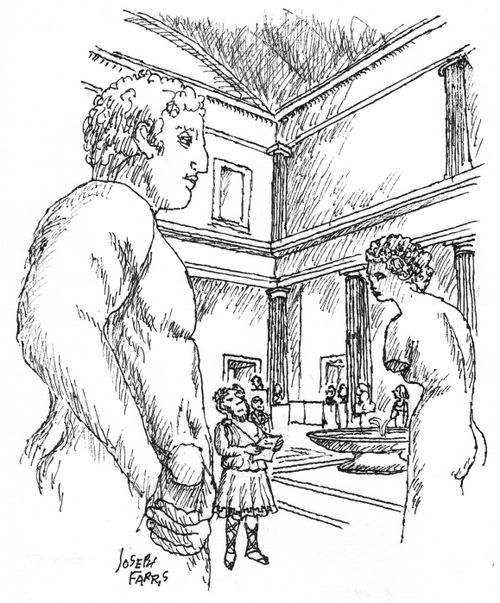 Greek in gallery with Greek statues