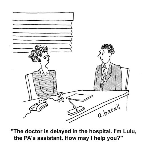 'The doctor is delayed in the hospital. I'm Lulu, the PA's assistant. How may I help you?'