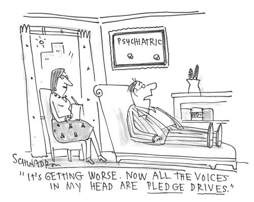 'It's getting worse. Now all the voices in my head are pledge drives.'