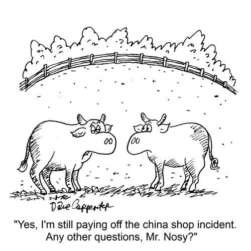 "Yes, I'm still paying off the china shop incident.  Any other questions, Mr. Nosy?"
