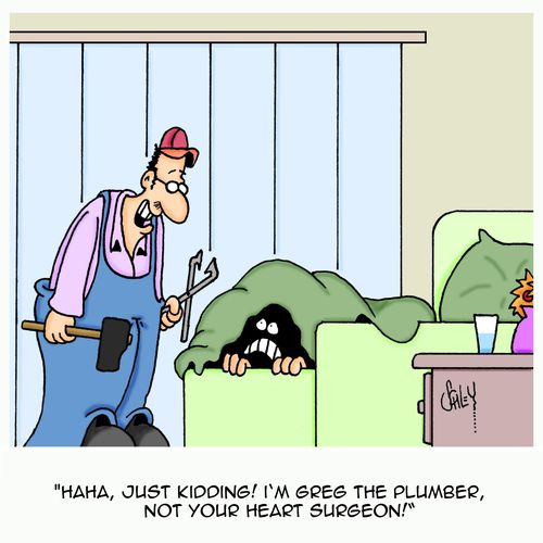 'Haha, just kidding! I'm Greg the plumber, not your heart surgeon!'