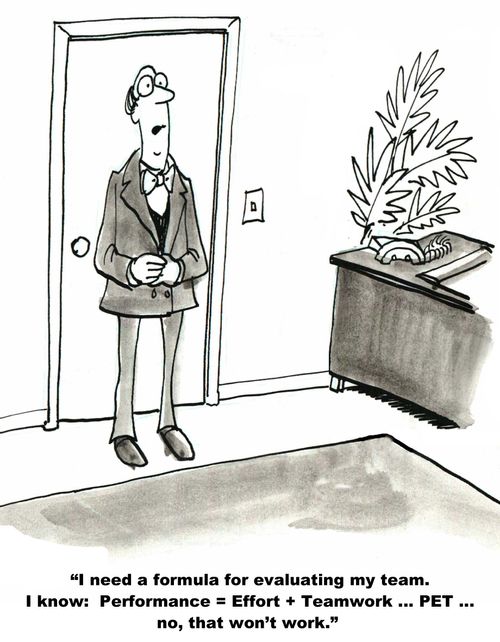 "I need a formula for evaluating my team.  I know: Performance = Effort + Teamwork....."