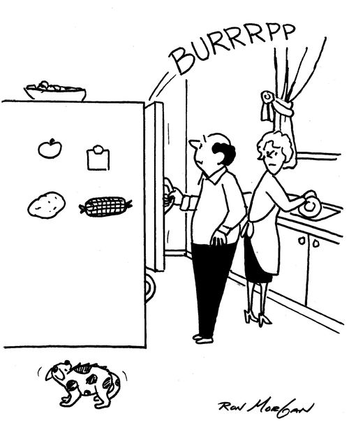 Man opens refrigerator which promptly burps.