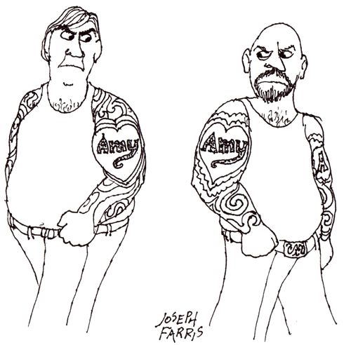 Two men with tattoos of Amy