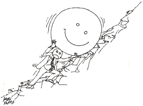 Sisyphus pushing smiling boulder up hill.
