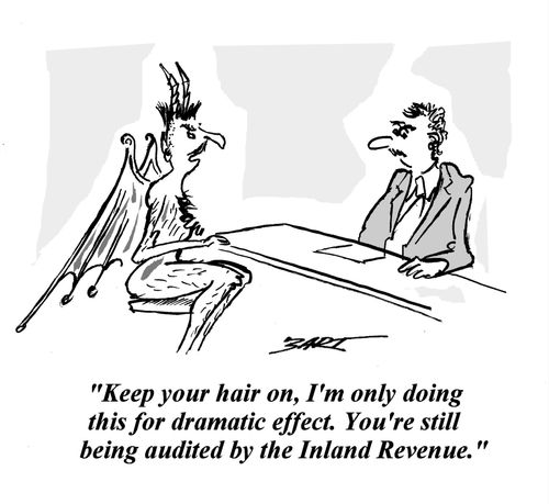 'Keep you hair on, I'm only doing this for dramatic effect. You're still being audited by the Inland Revenue.'