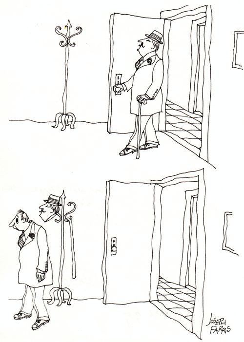 Man comes home and takes off his hat and mask.