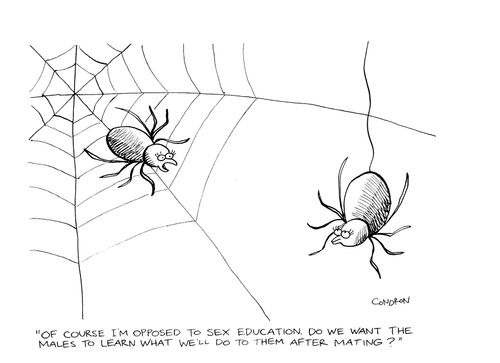 "Of course I'm opposed to sex education. Do we want the males to learn what we'll do to them after mating?"