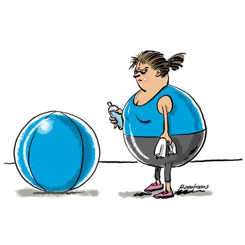 Swiss ball resembles overweight woman.