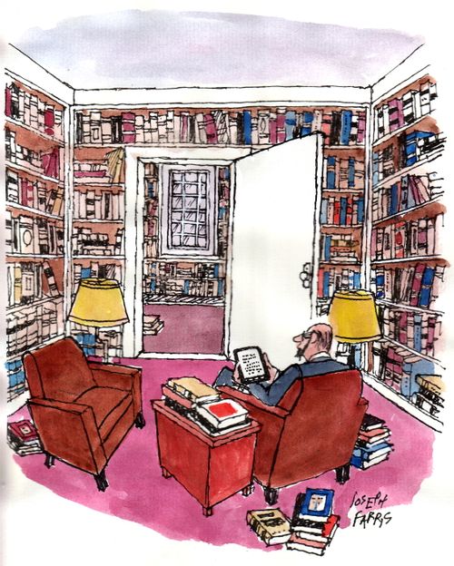 Man reading a tablet in library.