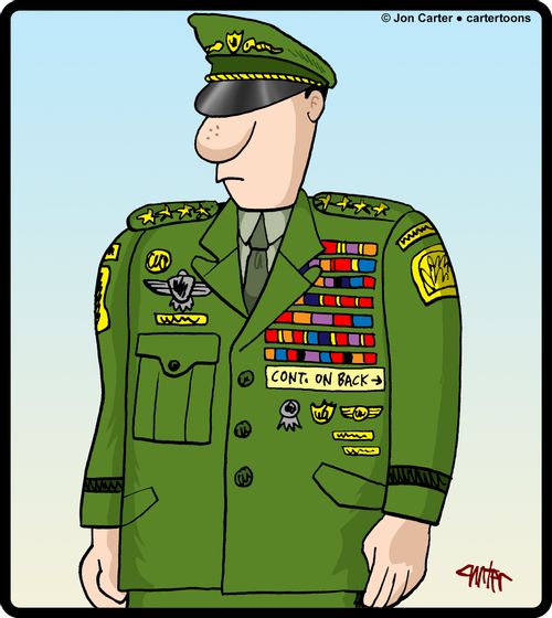 Military General with numerals medals and uniform decorations with 'cont. on back' sign.