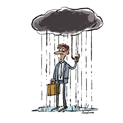 Man has storm cloud umbrella.