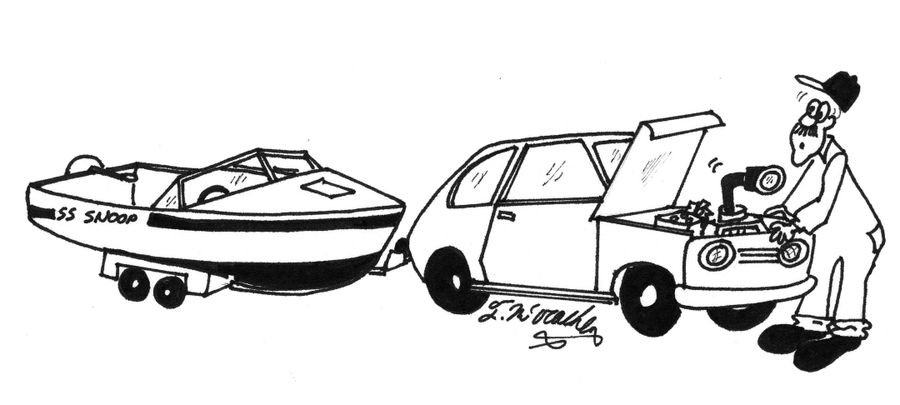 A mechanic is surprised to see a periscope coming out of a car towing a boat.