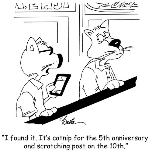 "I found it. It's catnip for the 5th anniversary and scratching post on the 10th."