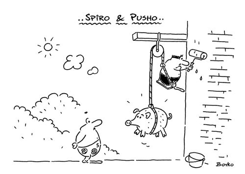 Spiro & Pusho paint a house with the help of a pig.