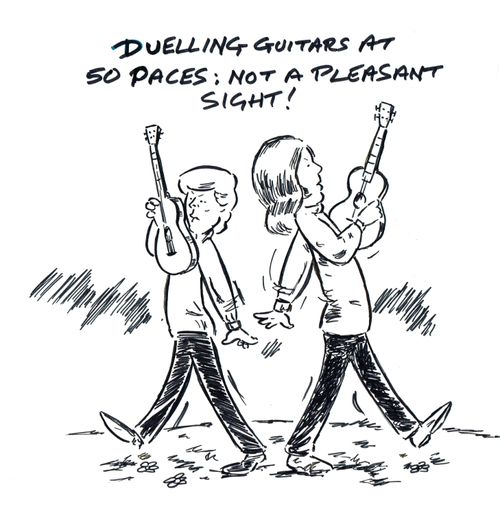 Duelling guitars at 50 paces, not a pleasant sight!