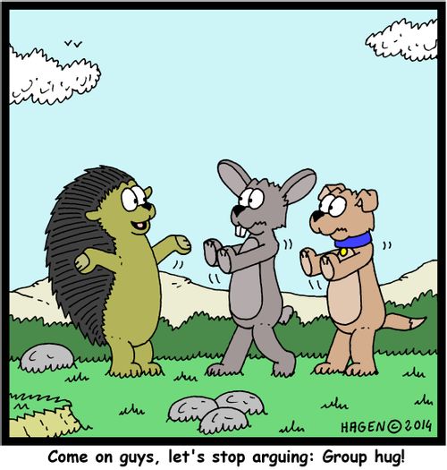 "Come on guys, let's stop arguing: Group hug!"