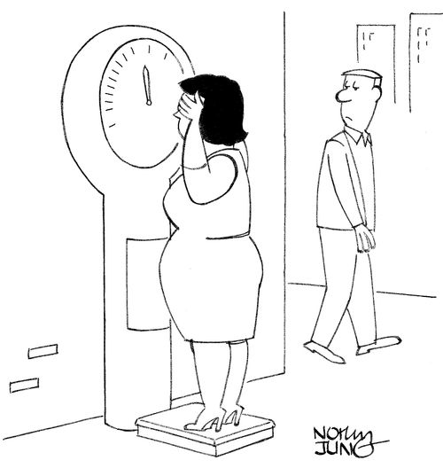 Woman is afraid to look at her weight as she steps on scale.