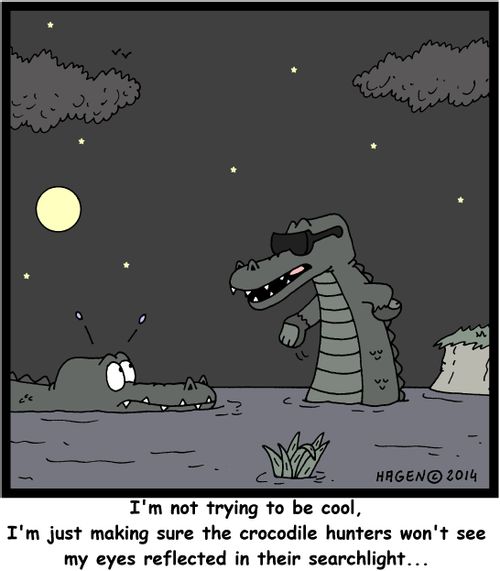 "I'm not trying to be cool, I'm just making sure the crocodile hunters won't see my eyes reflected in their searchlight..."