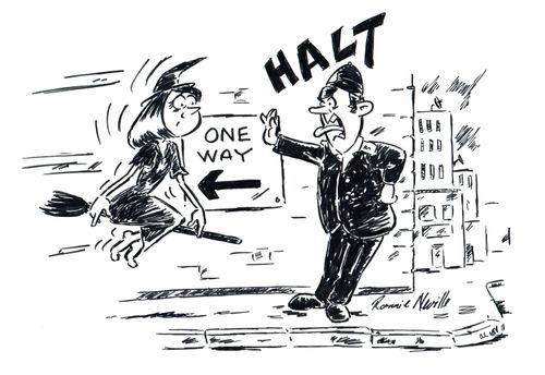 Witch stopped by policeman for going the wrong way up a one way street.