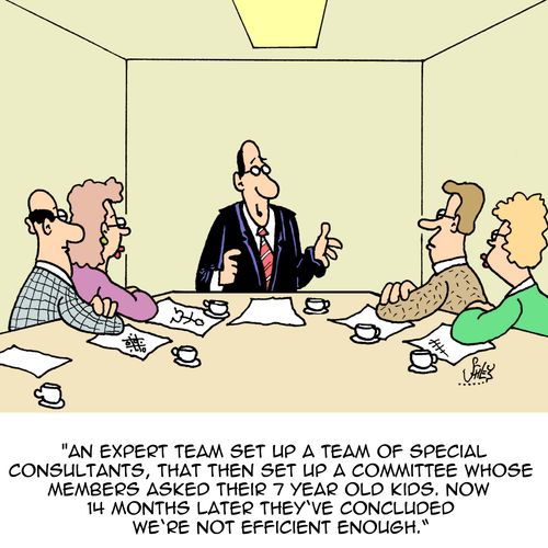 'An exxpert team set up a team of special consultants, that then set up a committee whose members asked their 7 year old kids. Now 14 months later they've concluded we're not efficient enough.'
