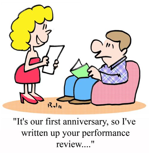 "It's our first anniversary, so I've written up your performance review...."