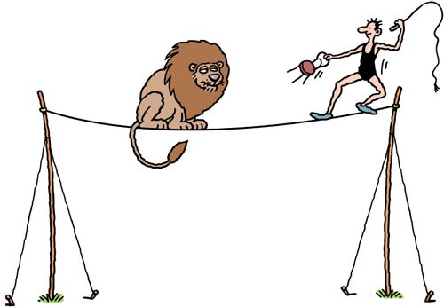 A tightrope walker doubling as a lion tamer