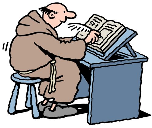 A monk illuminating a book with quill pen