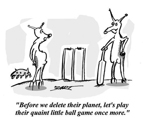 'Before we delete their planet, let's play their quaint little ball game once more.'
