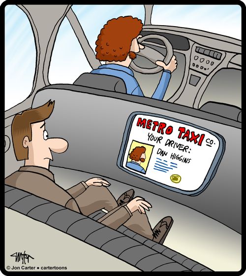 Taxi cab driver's I.D. shows the back of his head.