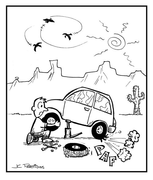 A guy in the desert changing a flat tire, while the spare tire also get damaged.