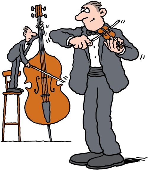 Tiny man plays big cello, huge man plays tiny violin.