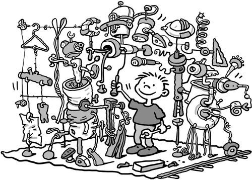 Small child building a large contraption from junk