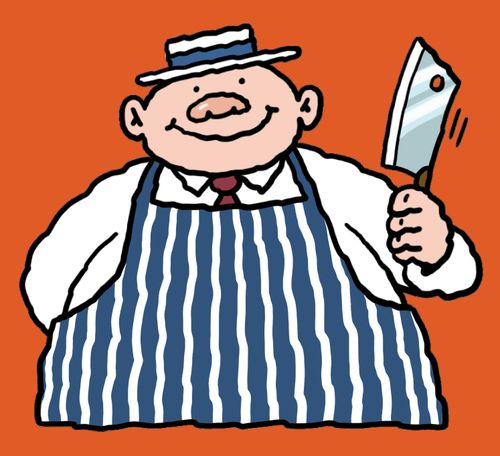 A smiling butcher with stripy apron and cleaver